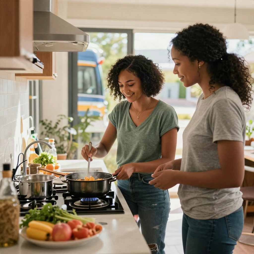 Two women preparing a meal together in a bright home kitchen